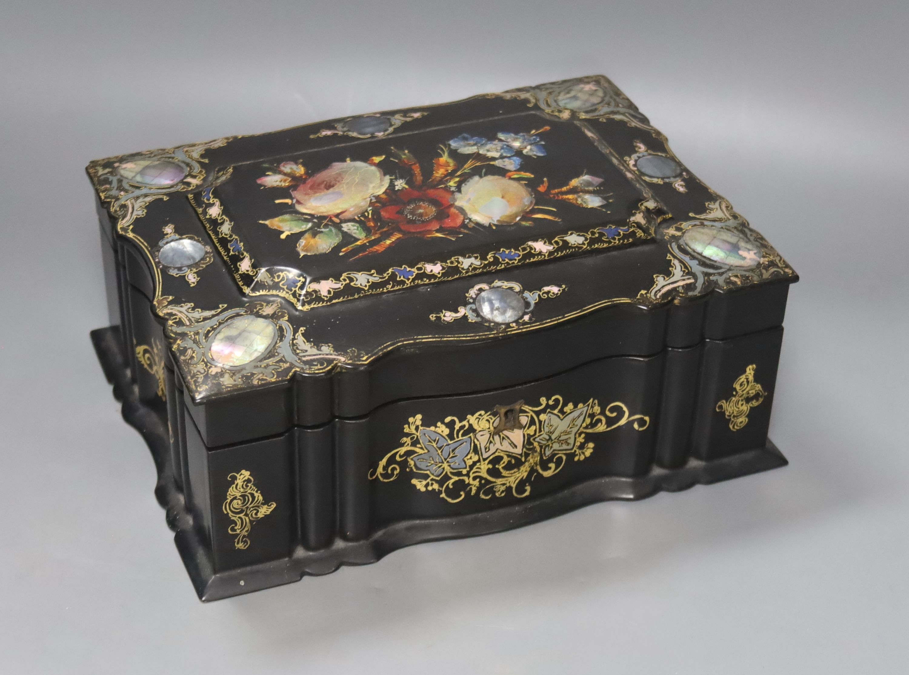 A 19th century mother of pearl inlay black lacquer papier mache needlework box, width 26cm height 11.5cm